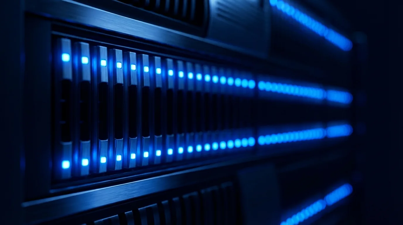 Server rack z niebieskimi diodami LED statusu